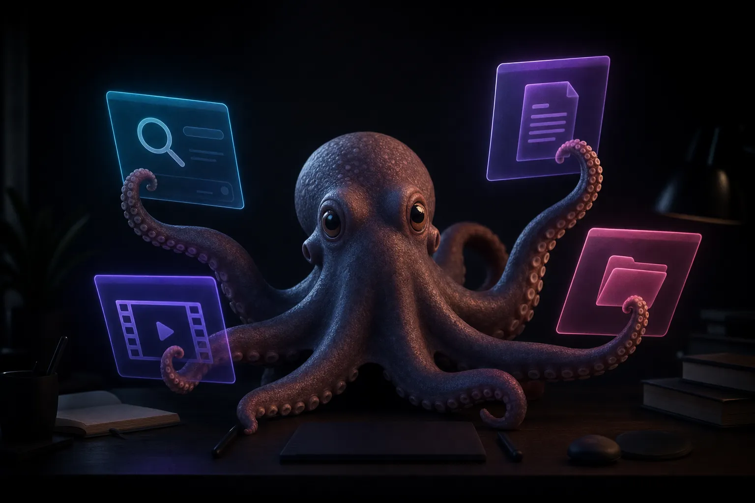 Huntopus octopus at a desk, tentacles working on glowing cards: web search, a script document, footage and an asset folder